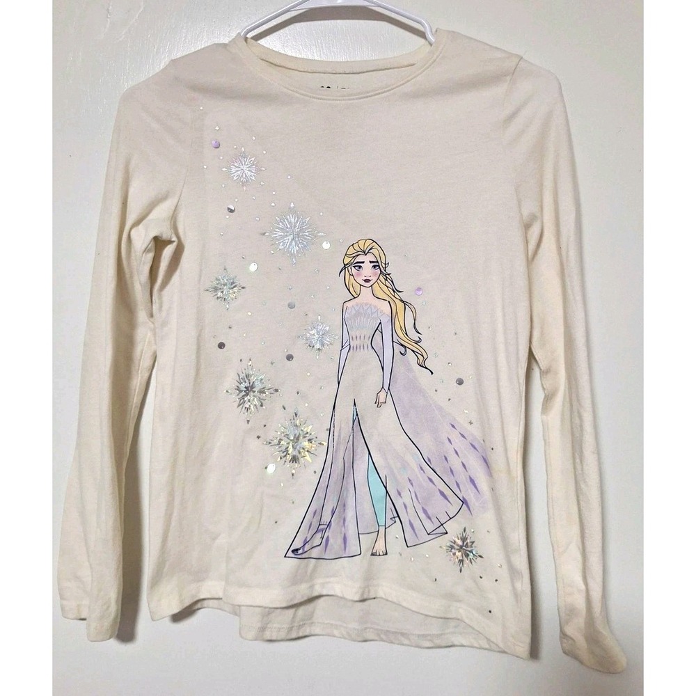 Disney Frozen 2 Elsa Long Sleeve Shirt Girls Size 12 Off White Snowflakes Sequin